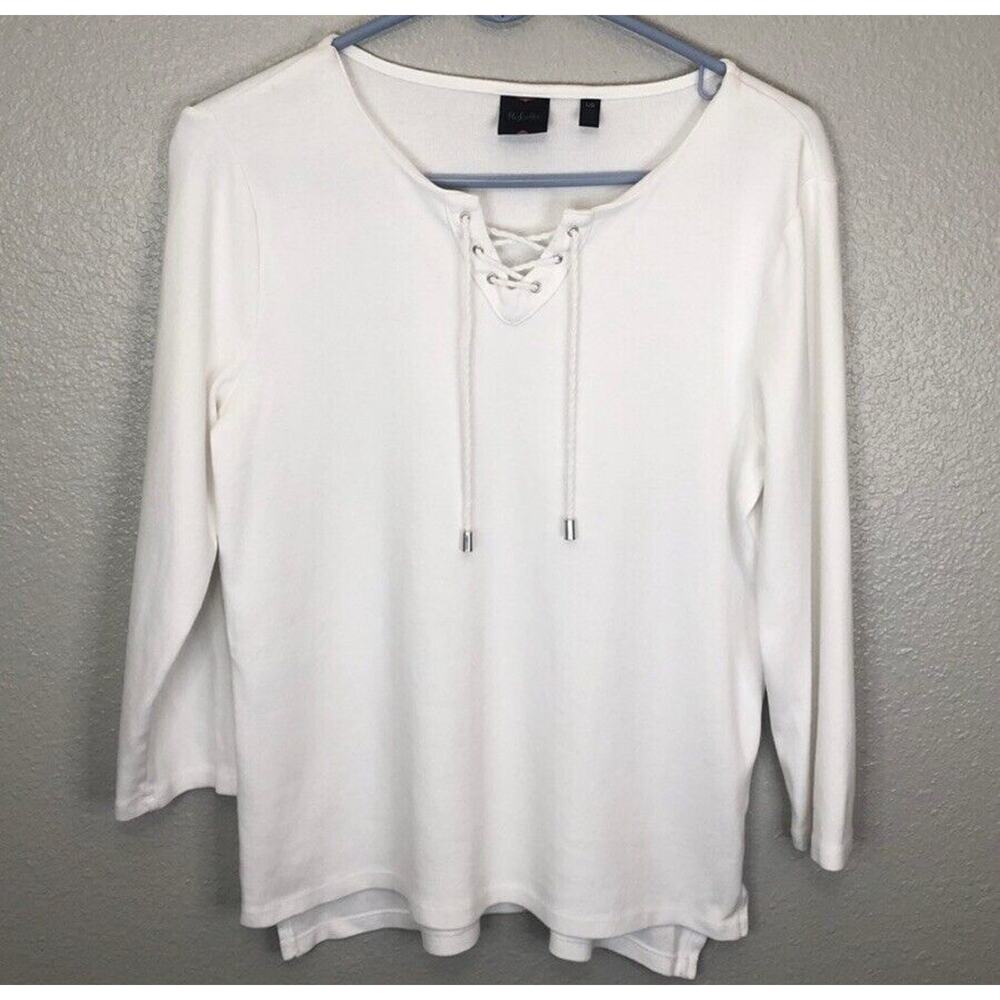Rafaella Size Large White Criss Cross Design 3/4 Sleeves Drawstring Shirt Top